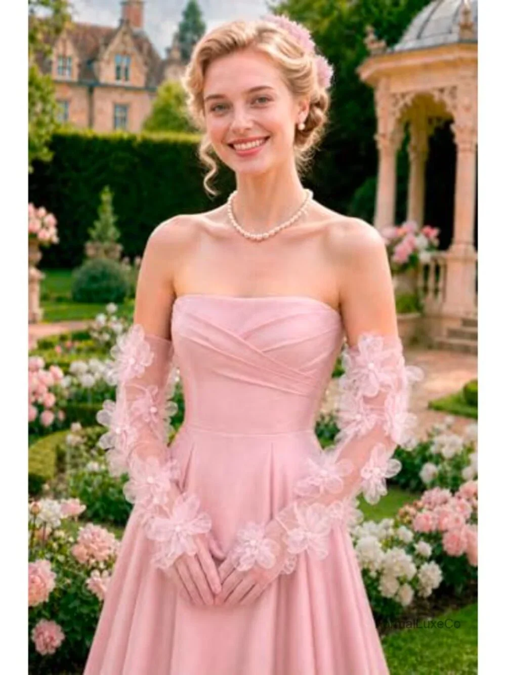 Long Tulle Sheer Gloves with Pearls Floral Lace Sleeves for Wedding Bridal